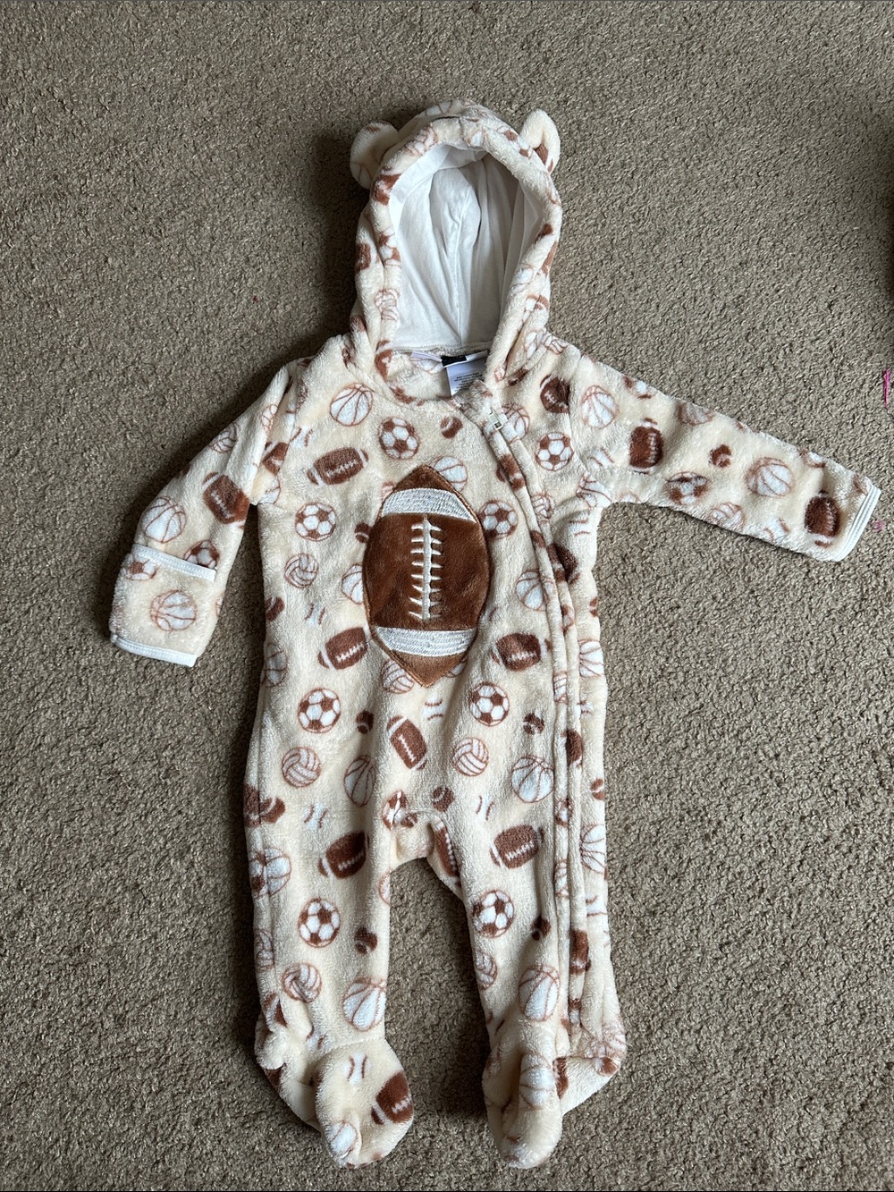 Mickmack Cream & Brown Sports Plush Hooded One-Piece for Kids